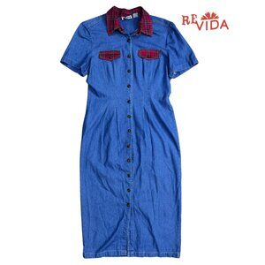 Vintage Plaid Collared Blue Jean Maxi Dress